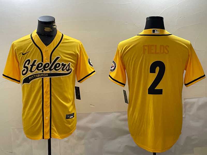 Mens Pittsburgh Steelers #2 Justin Fields Yellow With Patch Cool Base Stitched Baseball Jersey